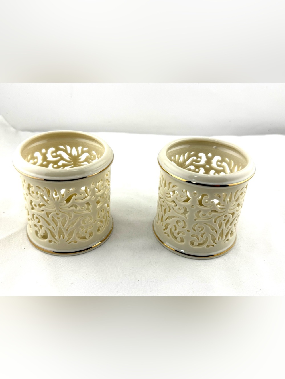 Lenox Cream and Gold Pierced China Votive Holders, Pair